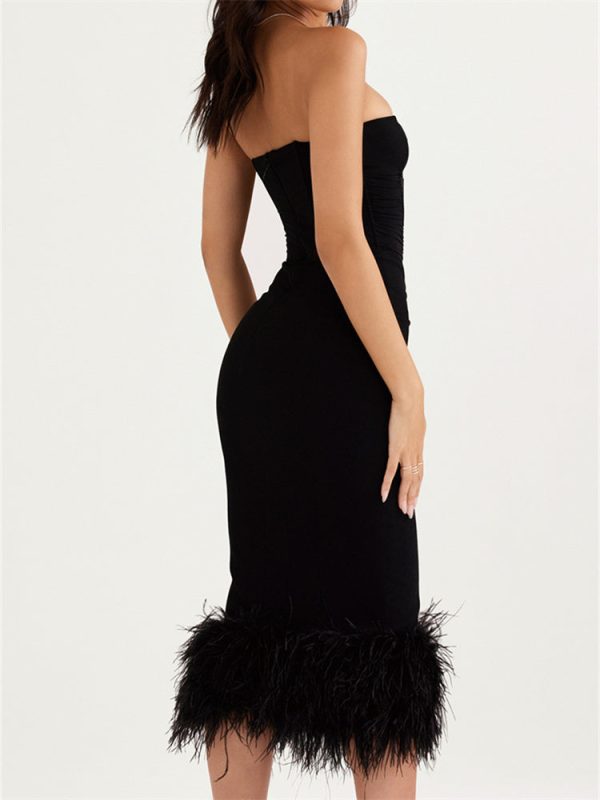 Strapless Feather Trim Midi Prom Black Dress Strapless Feather Trim Midi Prom Black Dress