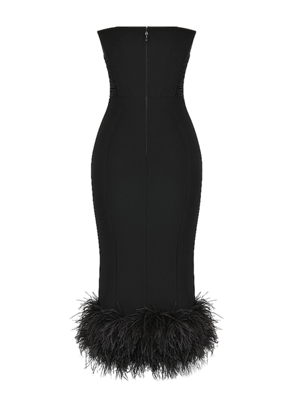 Strapless Feather Trim Midi Prom Black Dress Strapless Feather Trim Midi Prom Black Dress