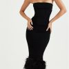 Strapless Feather Trim Midi Prom Black Dress Strapless Feather Trim Midi Prom Black Dress