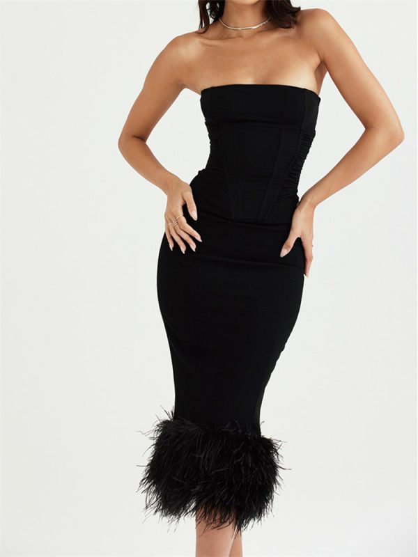 Strapless Feather Trim Midi Prom Black Dress Strapless Feather Trim Midi Prom Black Dress