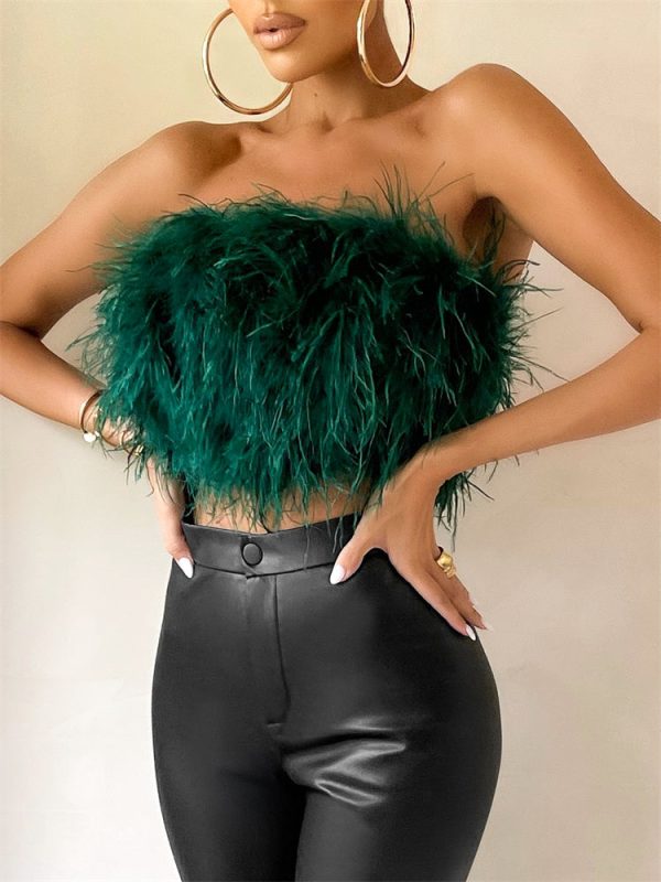 Strapless Women Feather Bandeau Crop Top Strapless Women Feather Bandeau Crop Top