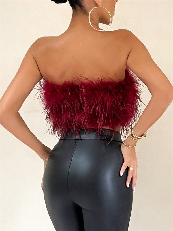 Strapless Women Feather Bandeau Crop Top Strapless Women Feather Bandeau Crop Top