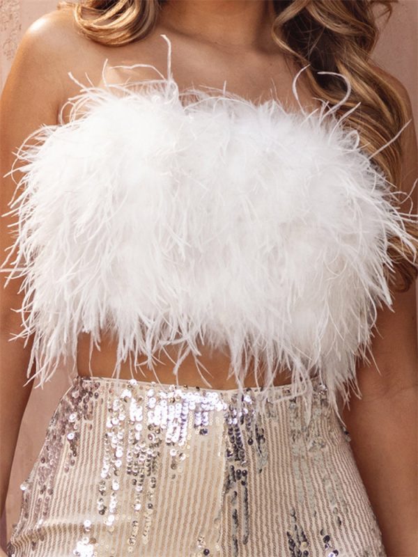 Strapless Women Feather Bandeau Crop Top Strapless Women Feather Bandeau Crop Top