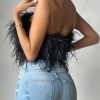 Strapless Women Feather Bandeau Crop Top Strapless Women Feather Bandeau Crop Top