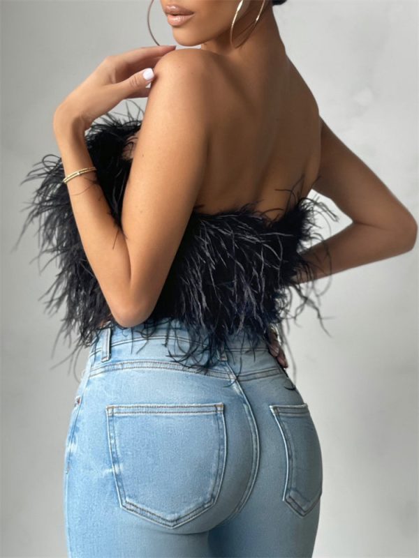 Strapless Women Feather Bandeau Crop Top Strapless Women Feather Bandeau Crop Top