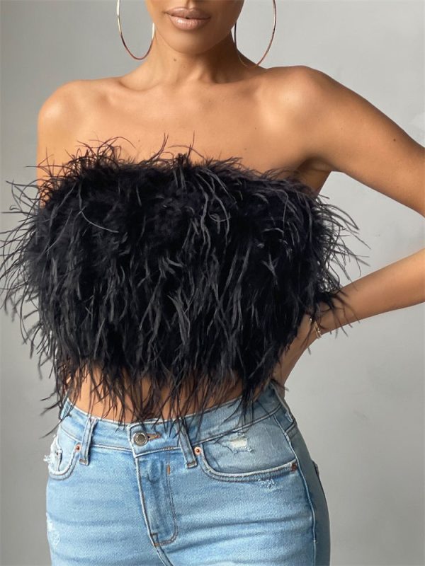 Strapless Women Feather Bandeau Crop Top Strapless Women Feather Bandeau Crop Top