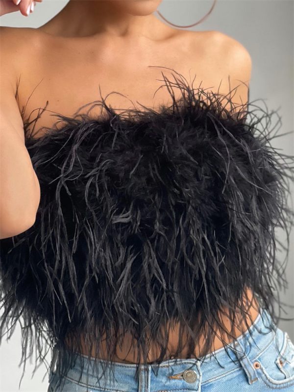 Strapless Women Feather Bandeau Crop Top Strapless Women Feather Bandeau Crop Top