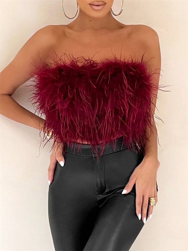 Strapless Women Feather Bandeau Crop Top Strapless Women Feather Bandeau Crop Top