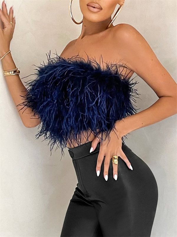 Strapless Women Feather Bandeau Crop Top Strapless Women Feather Bandeau Crop Top