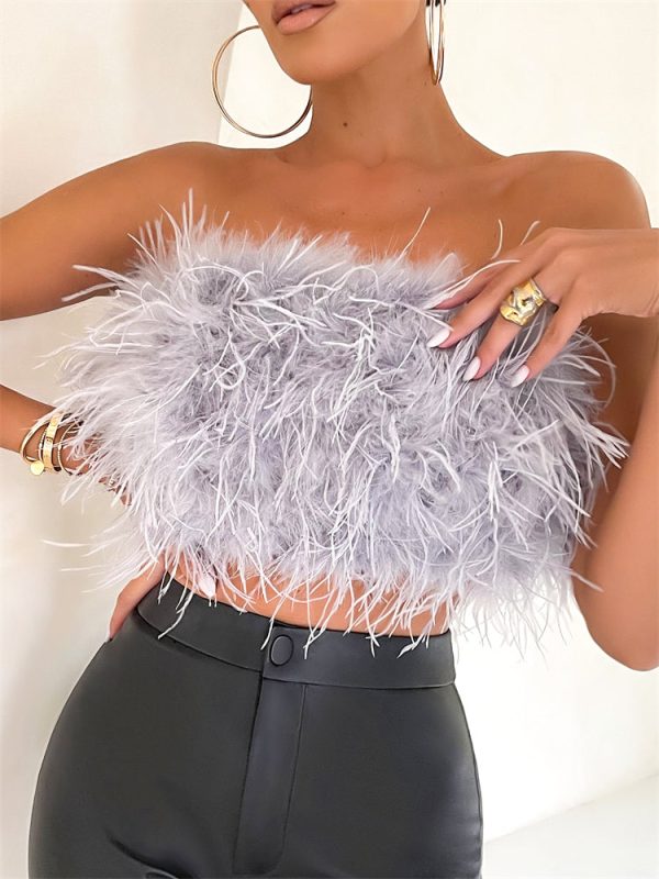 Strapless Women Feather Bandeau Crop Top Strapless Women Feather Bandeau Crop Top
