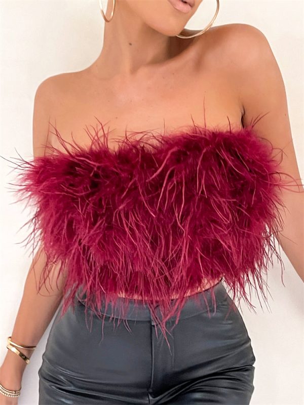 Strapless Women Feather Bandeau Crop Top Strapless Women Feather Bandeau Crop Top