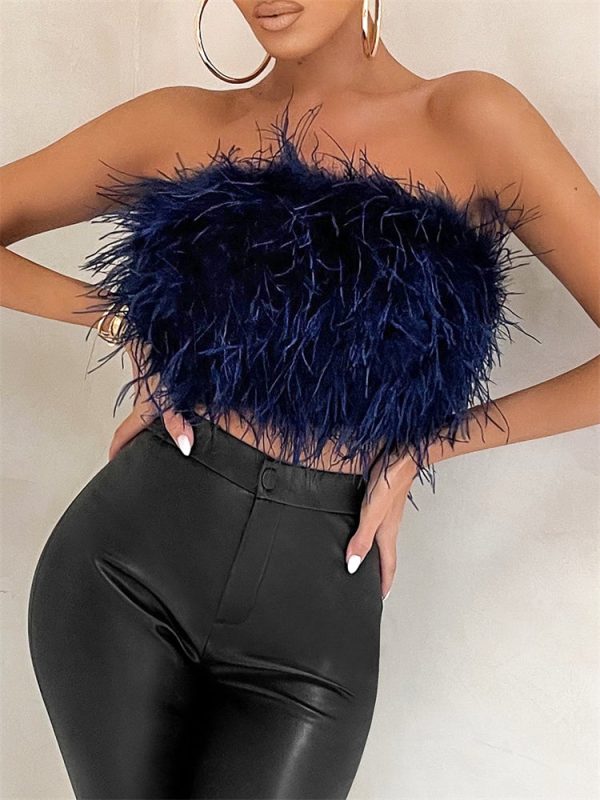 Strapless Women Feather Bandeau Crop Top Strapless Women Feather Bandeau Crop Top