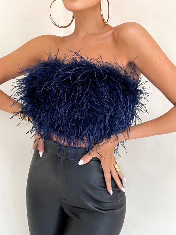 Strapless Women Feather Bandeau Crop Top Strapless Women Feather Bandeau Crop Top