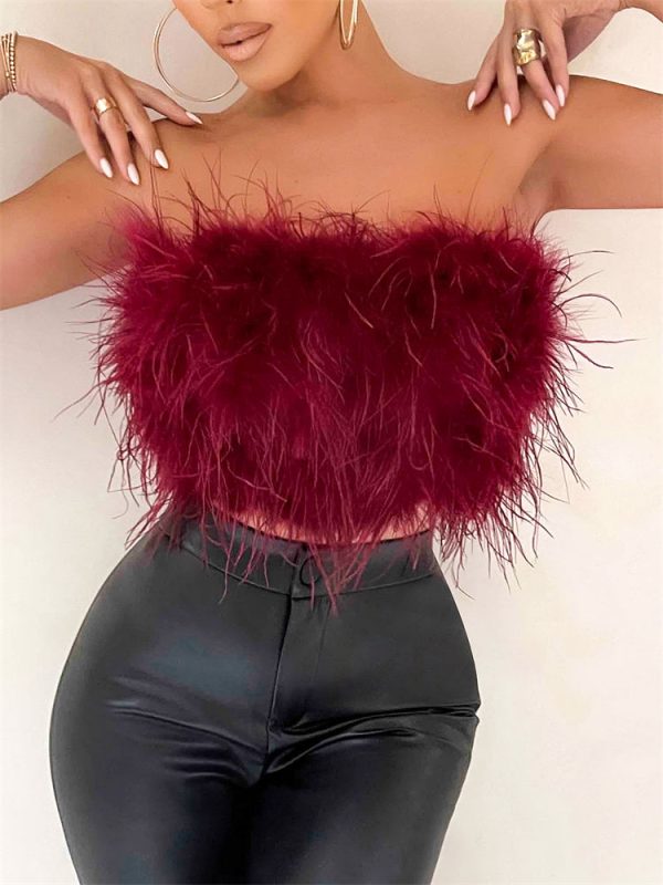 Strapless Women Feather Bandeau Crop Top Strapless Women Feather Bandeau Crop Top