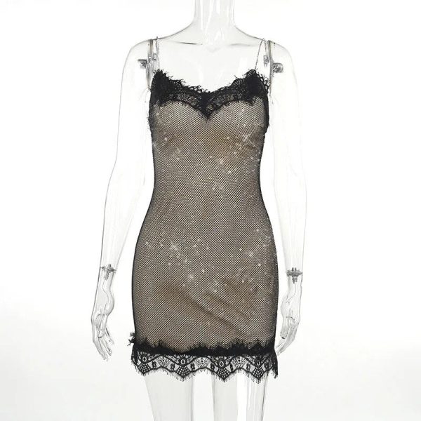 Strappy Mesh Lace Patchwork Mini Sequin Dress