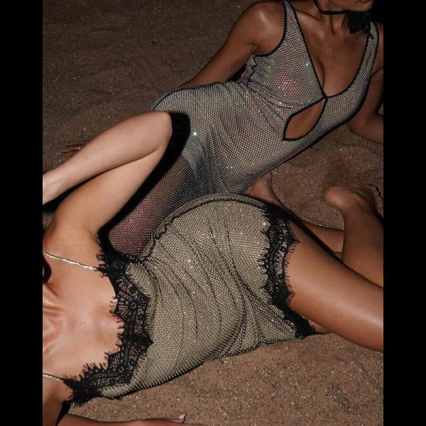 Strappy Mesh Lace Patchwork Mini Sequin Dress