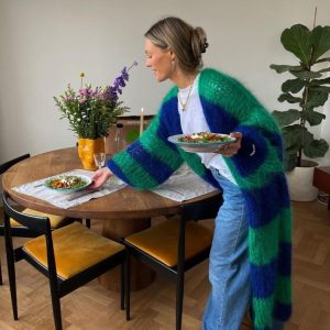 Stripe Long Fuzzy Cardigan