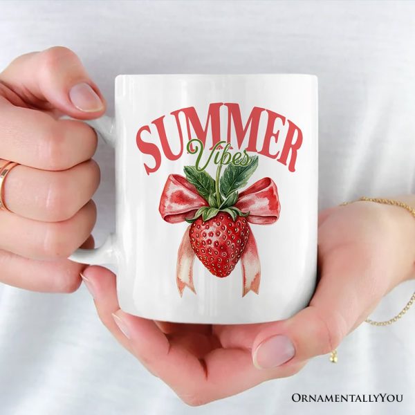 Summer Vibes Strawberry Personalized Mug, White, Seasonal Coquette Gift with Custom Name Summer Vibes Strawberry Personalized Mug, White, Seasonal Coquette Gift with Custom Name