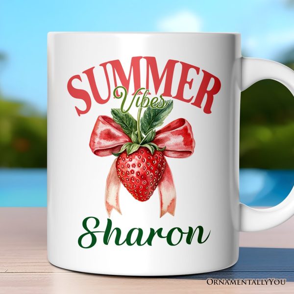 Summer Vibes Strawberry Personalized Mug, White, Seasonal Coquette Gift with Custom Name Summer Vibes Strawberry Personalized Mug, White, Seasonal Coquette Gift with Custom Name