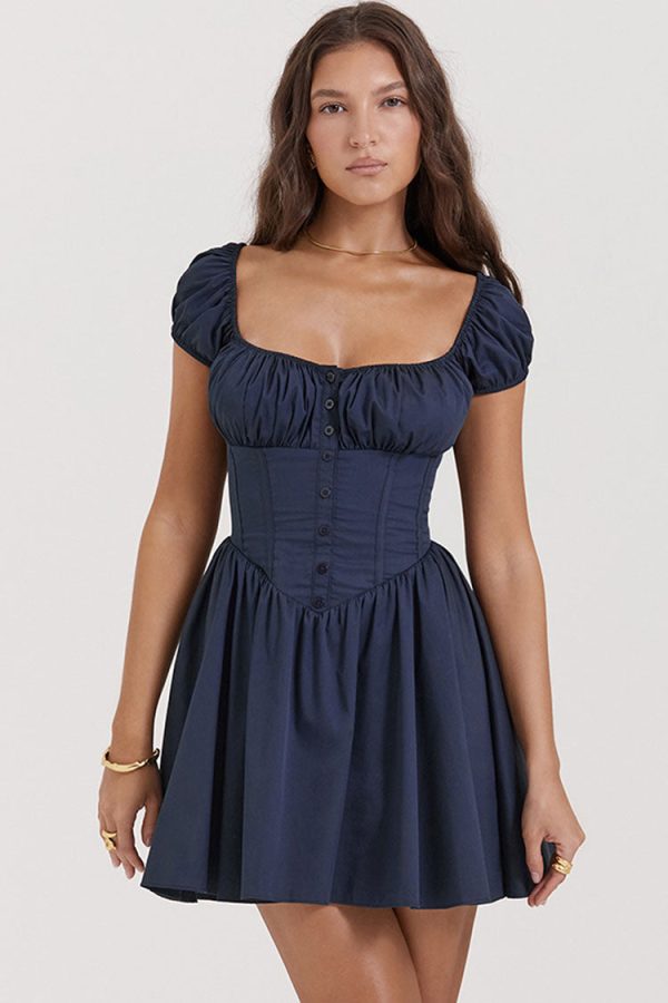 Sweet Scoop Neck Cap Sleeve Fit & Flare Corset Party Mini Dress - Navy Blue Sweet Scoop Neck Cap Sleeve Fit & Flare Corset Party Mini Dress - Navy Blue