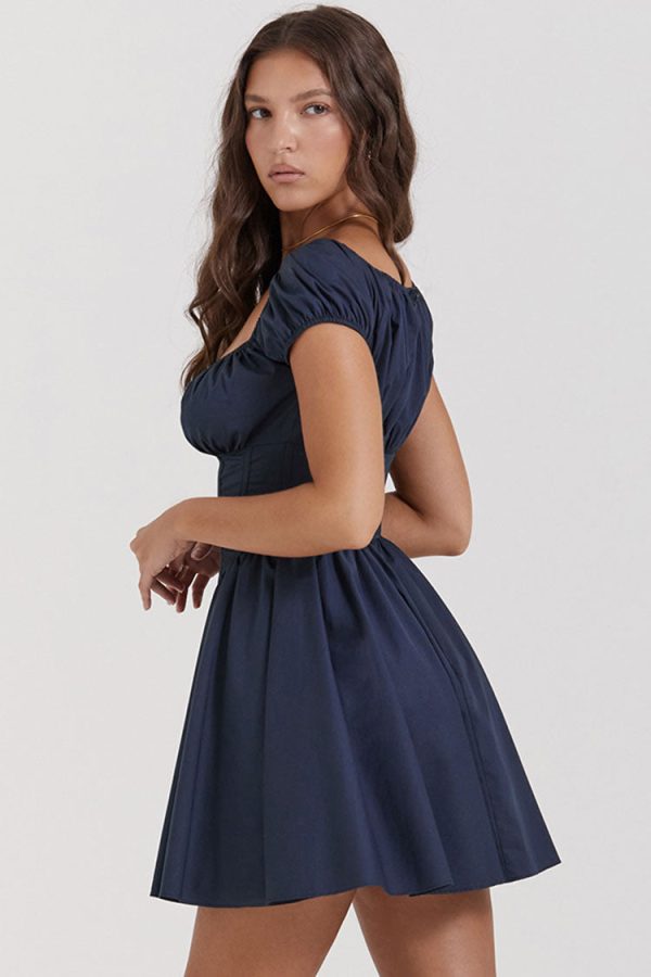 Sweet Scoop Neck Cap Sleeve Fit & Flare Corset Party Mini Dress - Navy Blue Sweet Scoop Neck Cap Sleeve Fit & Flare Corset Party Mini Dress - Navy Blue