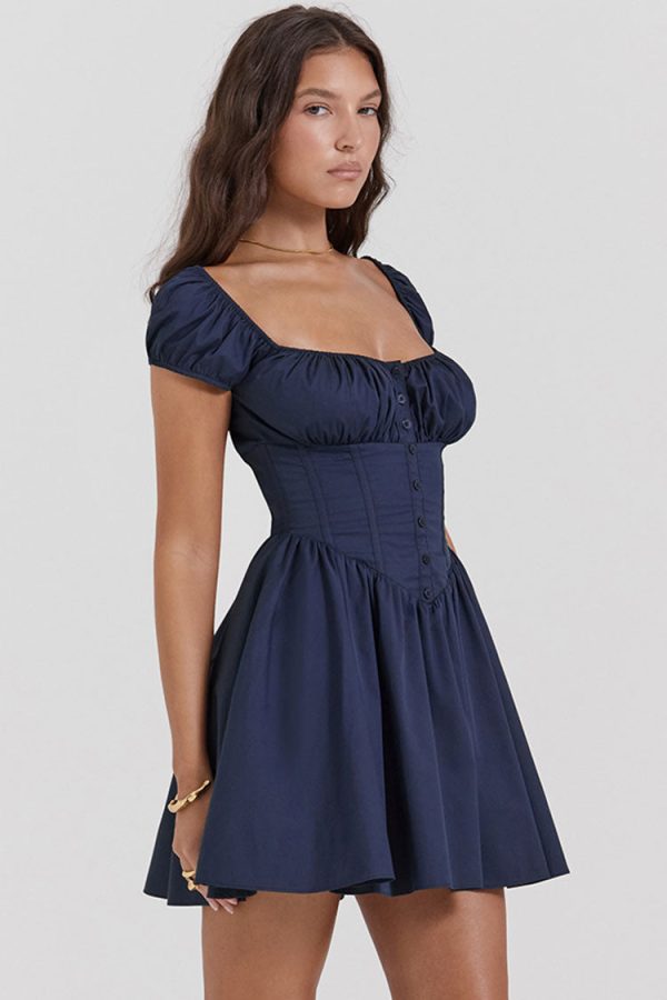 Sweet Scoop Neck Cap Sleeve Fit & Flare Corset Party Mini Dress - Navy Blue Sweet Scoop Neck Cap Sleeve Fit & Flare Corset Party Mini Dress - Navy Blue