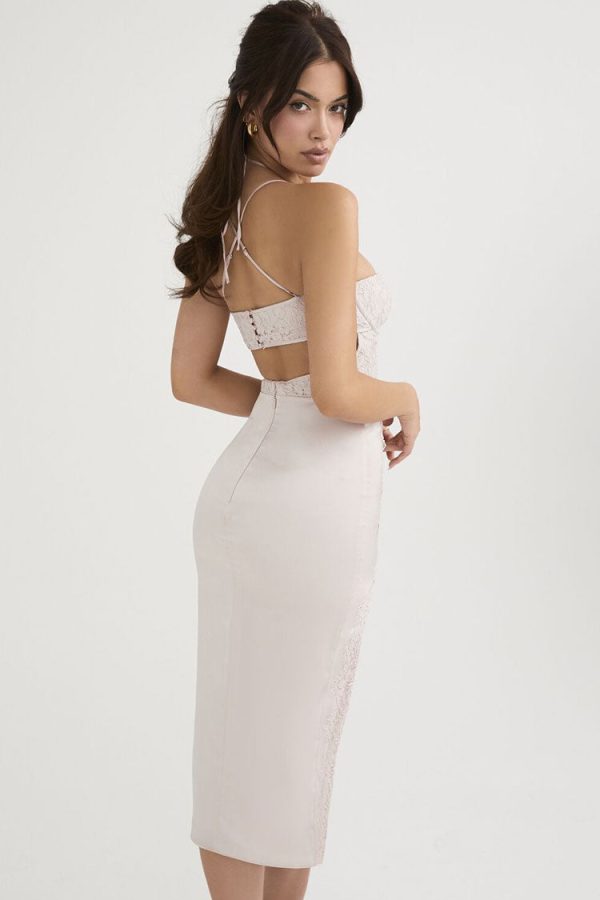 Sweetheart Halter Cutout Lace Satin Split Cocktail Midi Dress - White Sweetheart Halter Cutout Lace Satin Split Cocktail Midi Dress - White