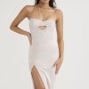 Sweetheart Halter Cutout Lace Satin Split Cocktail Midi Dress - White Sweetheart Halter Cutout Lace Satin Split Cocktail Midi Dress - White