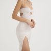 Sweetheart Halter Cutout Lace Satin Split Cocktail Midi Dress - White Sweetheart Halter Cutout Lace Satin Split Cocktail Midi Dress - White