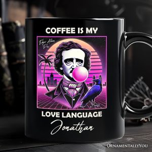 Synthwave 80's Styled Edgar Allan Poe Horror Personalized Mug, Vaperwave Classic Retro Neon Halloween Gift with Custom Name