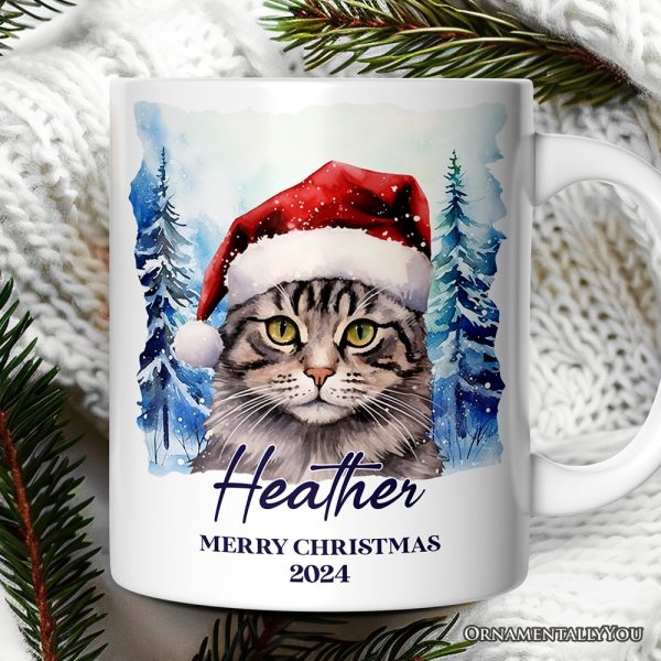 Tabby Cat with Santa Hat Personalized Mug, Winter Forest Christmas Gift With Custom Name and Date Tabby Cat with Santa Hat Personalized Mug, Winter Forest Christmas Gift With Custom Name and Date