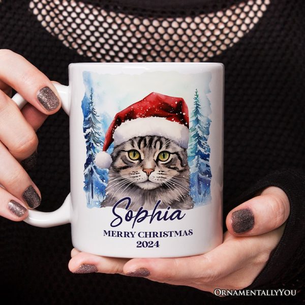 Tabby Cat with Santa Hat Personalized Mug, Winter Forest Christmas Gift With Custom Name and Date Tabby Cat with Santa Hat Personalized Mug, Winter Forest Christmas Gift With Custom Name and Date