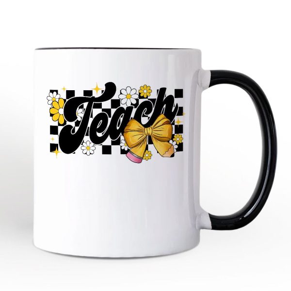 Teach Checkered Coquette Bow Personalized Mug, Retro Gift for Trendy Teachers with Custom Name Teach Checkered Coquette Bow Personalized Mug, Retro Gift for Trendy Teachers with Custom Name