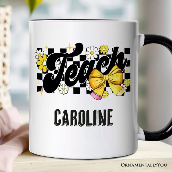 Teach Checkered Coquette Bow Personalized Mug, Retro Gift for Trendy Teachers with Custom Name Teach Checkered Coquette Bow Personalized Mug, Retro Gift for Trendy Teachers with Custom Name
