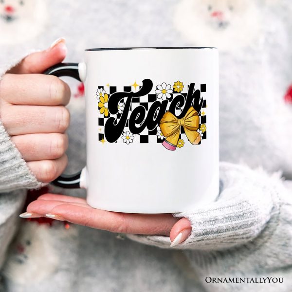 Teach Checkered Coquette Bow Personalized Mug, Retro Gift for Trendy Teachers with Custom Name Teach Checkered Coquette Bow Personalized Mug, Retro Gift for Trendy Teachers with Custom Name