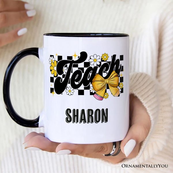 Teach Checkered Coquette Bow Personalized Mug, Retro Gift for Trendy Teachers with Custom Name Teach Checkered Coquette Bow Personalized Mug, Retro Gift for Trendy Teachers with Custom Name