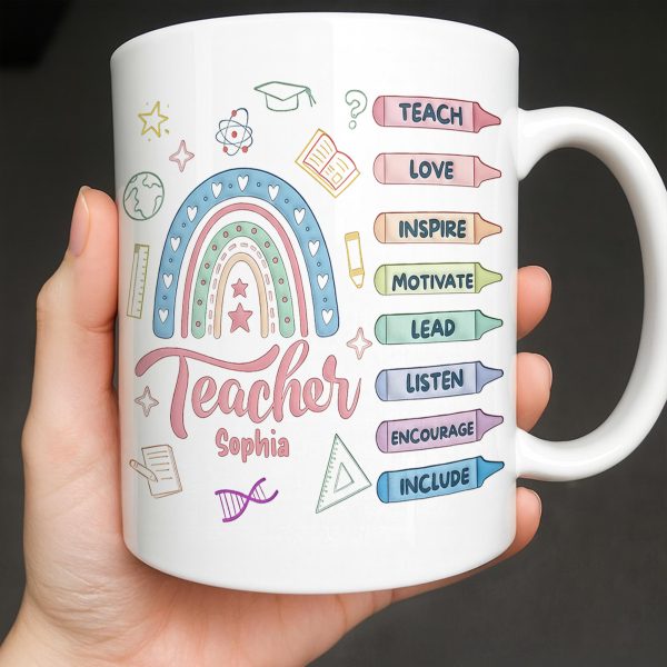 Teach Love Inspire Mug With Rainbow And Educational Icons - Personalized Custom Coffee Mug - TEACH064_MG Teach Love Inspire Mug With Rainbow And Educational Icons - Personalized Custom Coffee Mug - TEACH064_MG