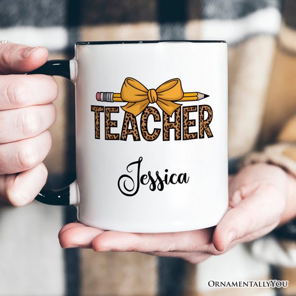 Teacher Leopard Pencil Personalized Mug, Coquette Bow Retro Classroom Gift with Custom Name Teacher Leopard Pencil Personalized Mug, Coquette Bow Retro Classroom Gift with Custom Name