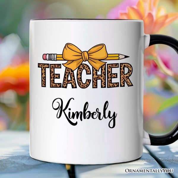 Teacher Leopard Pencil Personalized Mug, Coquette Bow Retro Classroom Gift with Custom Name Teacher Leopard Pencil Personalized Mug, Coquette Bow Retro Classroom Gift with Custom Name