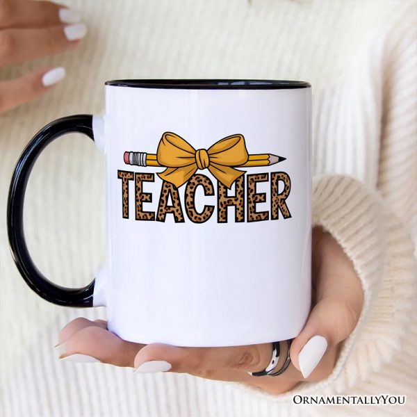 Teacher Leopard Pencil Personalized Mug, Coquette Bow Retro Classroom Gift with Custom Name Teacher Leopard Pencil Personalized Mug, Coquette Bow Retro Classroom Gift with Custom Name