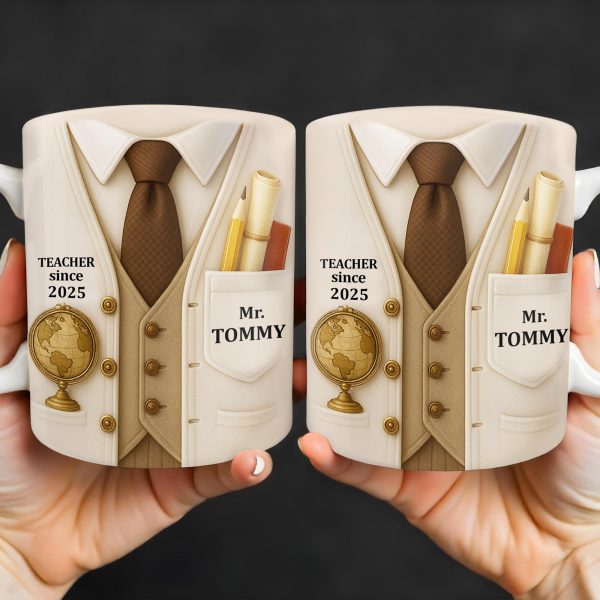 Teacher Since 2025, Suit, Tie, Globe, And Pens Design - Personalized Custom Coffee Mug - TEACH003_MG