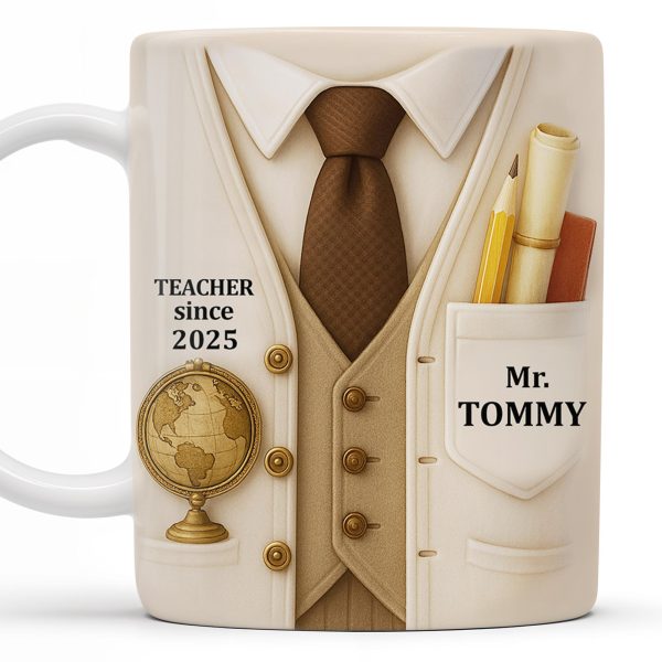 Teacher Since 2025, Suit, Tie, Globe, And Pens Design - Personalized Custom Coffee Mug - TEACH003_MG