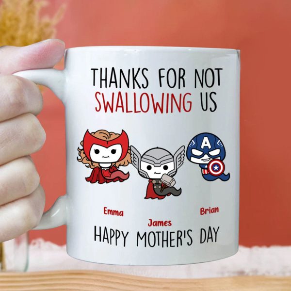 Thank Super Mom For Not Swallowing Us - Gift For Mom, Grandmother - Personalized Ceramic Mug Thank Super Mom For Not Swallowing Us - Gift For Mom, Grandmother - Personalized Ceramic Mug