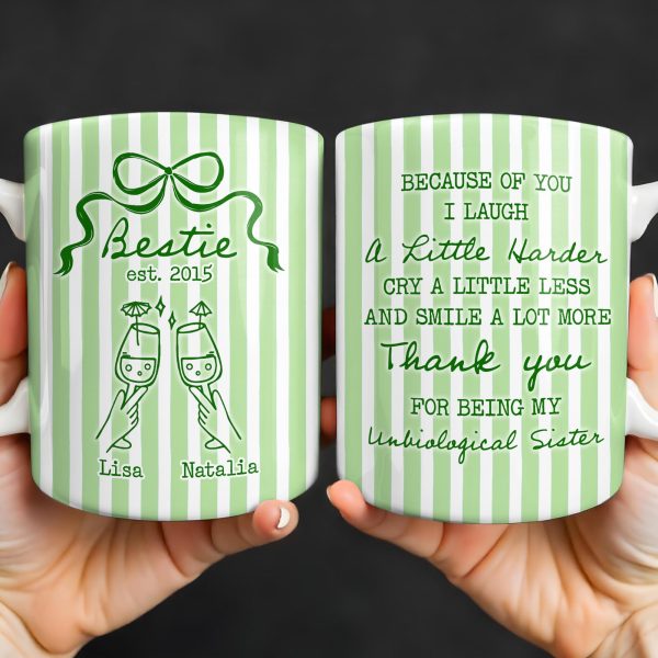 Thank You For Being My Unbiological Sister With Stripes And Wine Glasses - Personalized Custom Coffee Mug - BST535_MG Thank You For Being My Unbiological Sister With Stripes And Wine Glasses - Personalized Custom Coffee Mug - BST535_MG