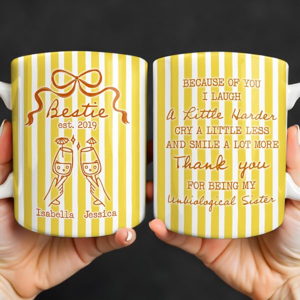Thank You For Being My Unbiological Sister With Stripes And Wine Glasses - Personalized Custom Coffee Mug - BST535_MG Thank You For Being My Unbiological Sister With Stripes And Wine Glasses - Personalized Custom Coffee Mug - BST535_MG