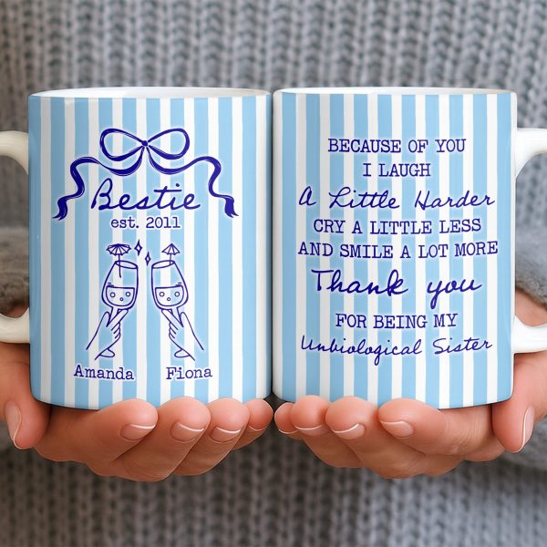 Thank You For Being My Unbiological Sister With Stripes And Wine Glasses - Personalized Custom Coffee Mug - BST535_MG Thank You For Being My Unbiological Sister With Stripes And Wine Glasses - Personalized Custom Coffee Mug - BST535_MG