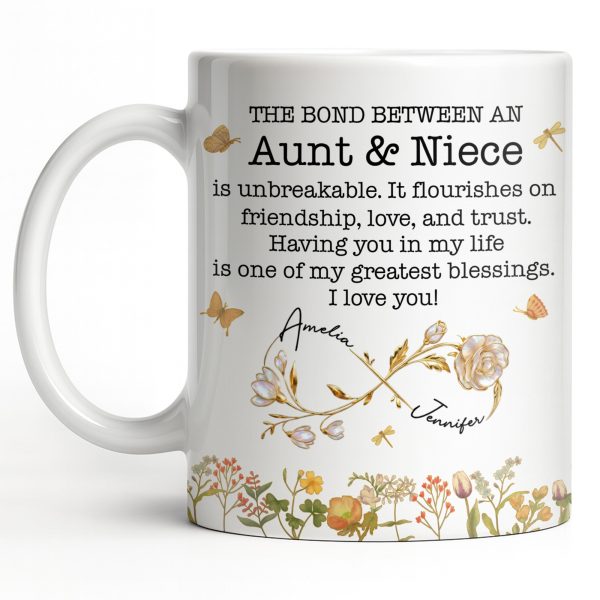 The Bond Between an Aunt & Niece, Butterflies and Flowers - Personalized Custom Coffee Mug - NCE039_MG The Bond Between an Aunt & Niece, Butterflies and Flowers - Personalized Custom Coffee Mug - NCE039_MG