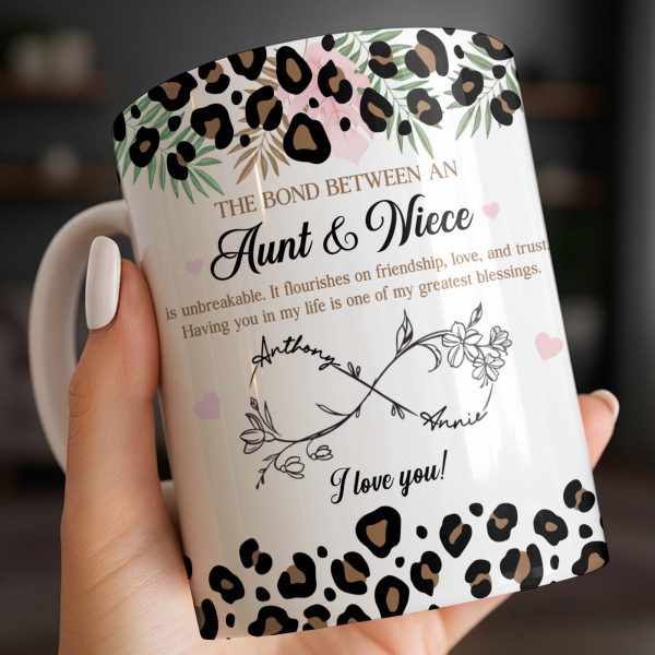 The Bond Between An Aunt & Niece, Leopard Print And Hearts - Personalized Custom Coffee Mug - NCE014_MG The Bond Between An Aunt & Niece, Leopard Print And Hearts - Personalized Custom Coffee Mug - NCE014_MG