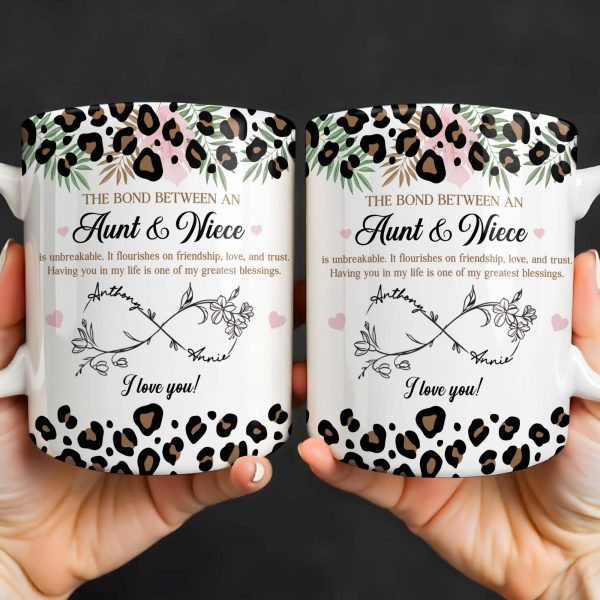The Bond Between An Aunt & Niece, Leopard Print And Hearts - Personalized Custom Coffee Mug - NCE014_MG The Bond Between An Aunt & Niece, Leopard Print And Hearts - Personalized Custom Coffee Mug - NCE014_MG