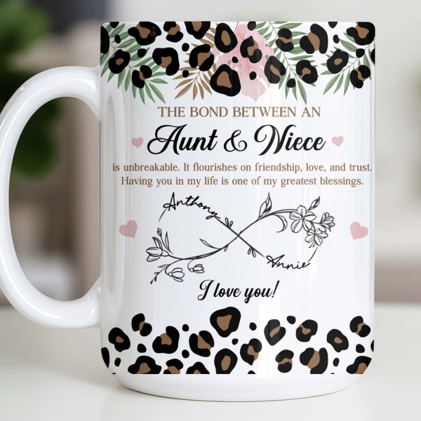 The Bond Between An Aunt & Niece, Leopard Print And Hearts - Personalized Custom Coffee Mug - NCE014_MG The Bond Between An Aunt & Niece, Leopard Print And Hearts - Personalized Custom Coffee Mug - NCE014_MG